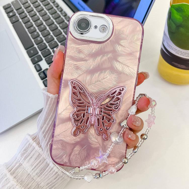 Plating Glitter Lens Film Texture Butterfly Holder Wristband Phone Case, For iPhone 16e, For iPhone 16 Pro Max