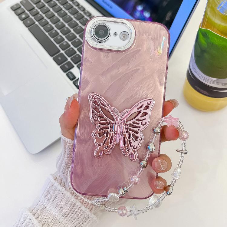 Plating Glitter Lens Film Texture Butterfly Holder Wristband Phone Case, For iPhone 16e, For iPhone 16 Pro Max