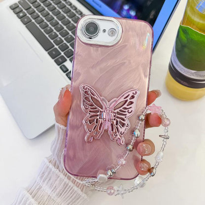 Plating Glitter Lens Film Texture Butterfly Holder Wristband Phone Case, For iPhone 16e, For iPhone 16 Pro Max