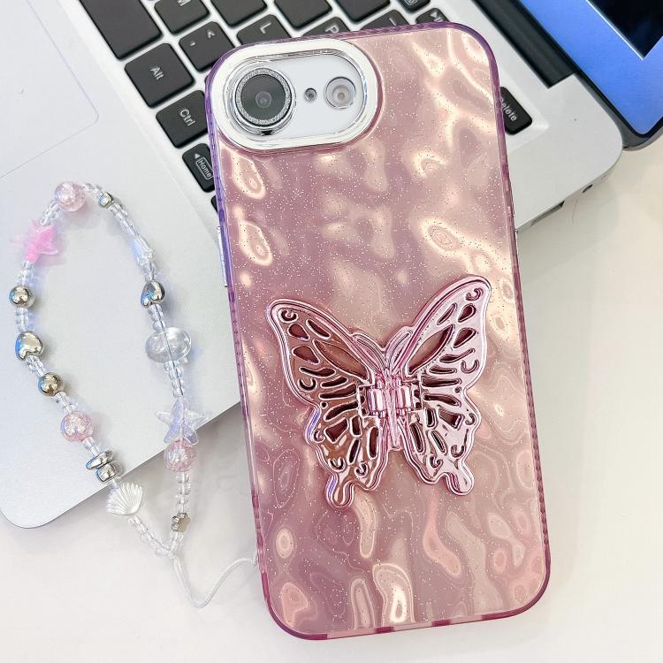 Plating Glitter Lens Film Texture Butterfly Holder Wristband Phone Case, For iPhone 16e, For iPhone 16 Pro Max