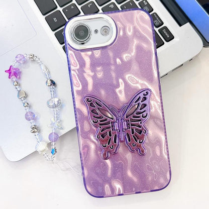 Plating Glitter Lens Film Texture Butterfly Holder Wristband Phone Case, For iPhone 16e, For iPhone 16 Pro Max
