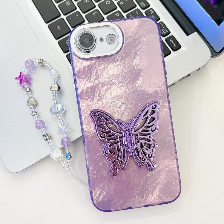 Plating Glitter Lens Film Texture Butterfly Holder Wristband Phone Case, For iPhone 16e, For iPhone 16 Pro Max