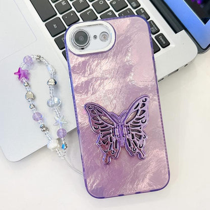 Plating Glitter Lens Film Texture Butterfly Holder Wristband Phone Case, For iPhone 16e, For iPhone 16 Pro Max