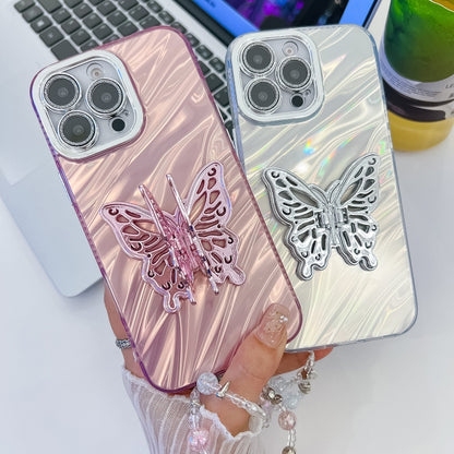 Plating Glitter Lens Film Texture Butterfly Holder Wristband Phone Case, For iPhone 16 Pro, For iPhone 16 Plus