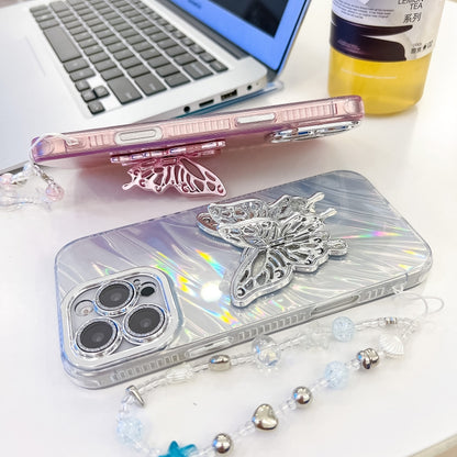 Plating Glitter Lens Film Texture Butterfly Holder Wristband Phone Case, For iPhone 16, For iPhone 15 Pro Max